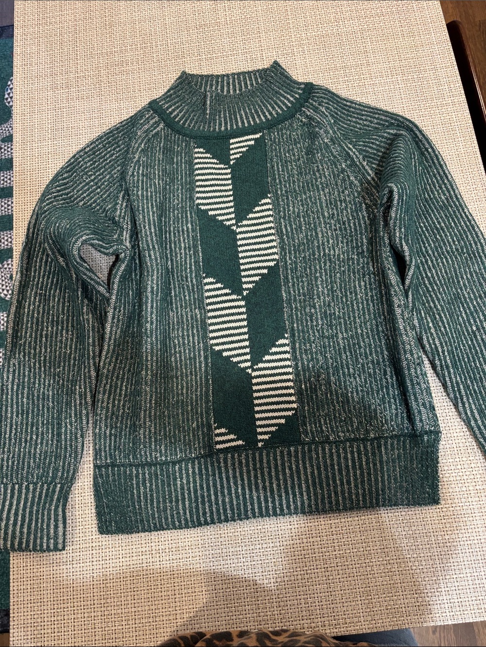 Textured Green Cowl-Neck Sweater with Chevron Panel